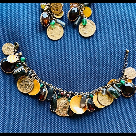 Coin Charm Bracelet, Pendant and Earrings Mixed Media, Jewels, Rhinestones - Picture 5 of 16